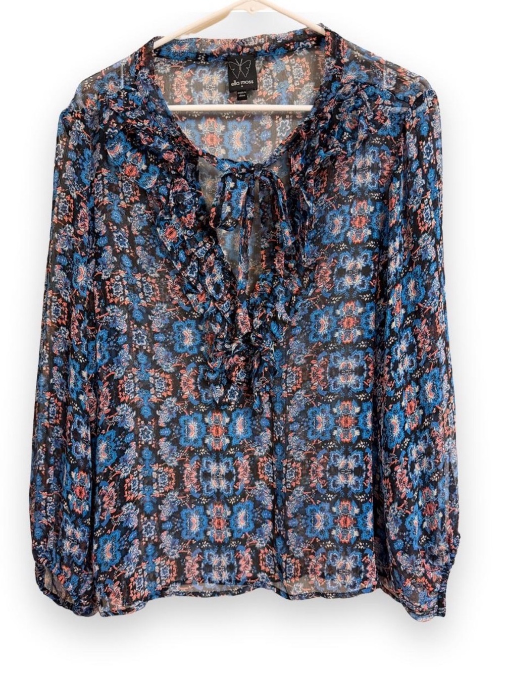 Ella Moss Navy and Blue Floral Tie-Front Blouse